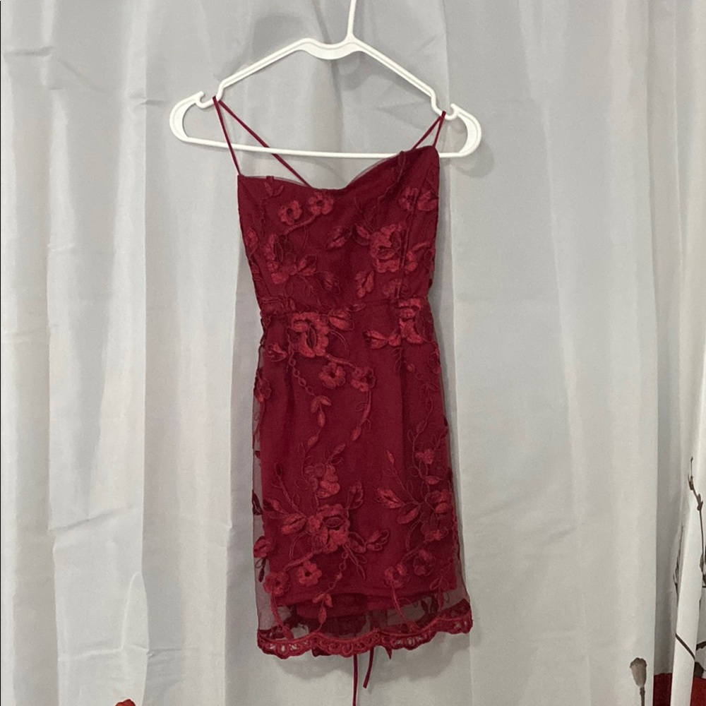 Lucy in the Sky Raspberry Red Floral Lace Homecoming Dress  with Lace Up back .